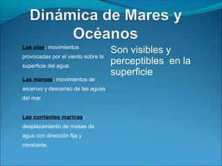Las olas: movimientos
                                    Son visibles y
provocadas por el viento sobre la
superficie del agua.
                                    perceptibles en la
                                    superficie
Las mareas: movimientos de
ascenso y descenso de las aguas
del mar.


Las corrientes marinas:
desplazamiento de masas de
agua con dirección fija y
constante.
 