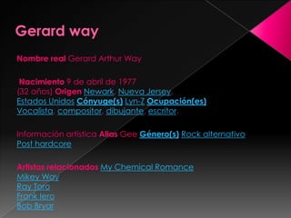 Gerard way Nombre real Gerard Arthur WayNacimiento 9 de abril de 1977(32 años) OrigenNewark, Nueva Jersey,Estados UnidosCónyuge(s)Lyn-ZOcupación(es)Vocalista, compositor, dibujante, escritor. Información artística Alias Gee Género(s)Rock alternativoPost hardcoreArtistas relacionadosMy Chemical RomanceMikey WayRay ToroFrank IeroBob Bryar