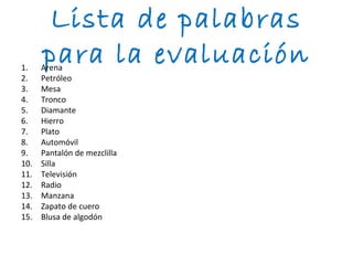 Lista de palabras
1.
      para la evaluación
      Arena
2.    Petróleo
3.    Mesa
4.    Tronco
5.    Diamante
6.    Hierro
7.    Plato
8.    Automóvil
9.    Pantalón de mezclilla
10.   Silla
11.   Televisión
12.   Radio
13.   Manzana
14.   Zapato de cuero
15.   Blusa de algodón
 
