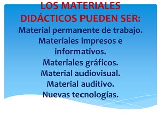 LOS MATERIALES
DIDÁCTICOS PUEDEN SER:
Material permanente de trabajo.
    Materiales impresos e
         informativos.
     Materiales gráficos.
     Material audiovisual.
       Material auditivo.
     Nuevas tecnologías.
 