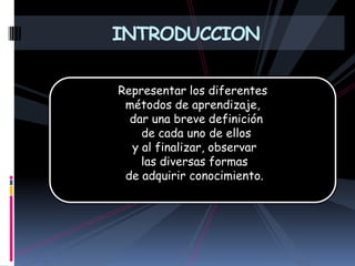INTRODUCCIONRepresentar los diferentes métodos de aprendizaje,  dar una breve definición  de cada uno de ellos y al finalizar, observar las diversas formas de adquirir conocimiento.
