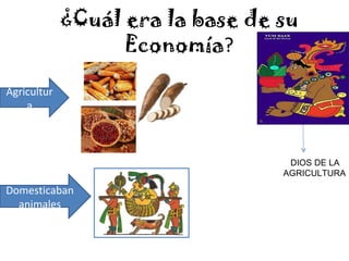¿Cuál era la base de su
                   Economía?

Agricultur
    a



                                   DIOS DE LA
                                  AGRICULTURA

Domesticaban
  animales
 