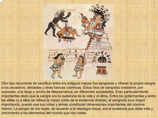 Otro tipo recurrente de sacrificio entre los antiguos mayas fue sangrarse y ofrecer la propia sangre
a los ancestros, deidades y otras fuerzas cósmicas. Estos ritos de sangrado existieron, por
supuesto, a lo largo y ancho de Mesoamérica, en diferentes sociedades. Eran particularmente
importantes dado que la sangre era la sustancia de la vida y el alma. Entre los gobernantes y entre
las elites (y a ellos se refiere la mayor parte de la evidencia directa), el sangrado tuvo mayor
importancia, puesto que sus vidas y almas constituían dimensiones importantes del cosmos
mismo. La sangre de los reyes, de acuerdo a la ideología maya, era la sustancia que daba vida y
crecimiento a los elementos del mundo que nos rodea.
 