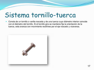 Sistema tornillo-tuercaConsta de un tornillo o varilla roscada y de una tuerca cuyo diámetro interior coincide con el diámetro del tornillo. Si el tornillo gira se mantiene fija la orientación de la tuerca, esta avanza con movimiento rectilíneo por el eje roscado y viceversa. 17