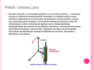 PIÑÓN -CREMALLERA
 Permite convertir un movimiento giratorio en uno lineal continuo , o viceversa.
Aunque el sistema es perfectamente reversible, su utilidad práctica suele
centrarse solamente en la conversión de giratorio en lineal continuo, siendo
muy apreciado para conseguir movimientos lineales de precisión (caso de
microscopios u otros instrumentos ópticos como retroproyectores),
desplazamiento del cabezal de los taladros sensitivos, movimiento de puertas
automáticas de garaje, sacacorchos, regulación de altura de los trípodes,
movimiento de estanterías móviles empleadas en archivos, farmacias o
bibliotecas, cerraduras.
 