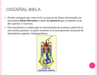 CIGÜEÑAL-BIELA
 Permite conseguir que varias bielas se muevan de forma sincronizada con
movimiento lineal alternativo a partir del giratorio que se imprime al eje
del cigüeñal, o viceversa.
 Este mecanismo se emplea para la sincronización de acciones a partir de un
movimiento giratorio; se puede encontrar en el accionamiento secuencial de
interruptores, juguetes, limpiaparabrisas
 