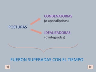 POSTURAS
CONDENATORIAS
(o apocalípticas)
IDEALIZADORAS
(o integradas)
FUERON SUPERADAS CON EL TIEMPO
 