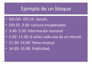 Ejemplo de un bloqueOO:OO- OO:15: Saludo.OO:15- 3:30: Lectura encabezados3:30- 5:20: Información nacional5:20- 11:30: 6 notas cada una de un minuto.11:30- 14:30: Tema musical.14:30- 15:00: Publicidad. 