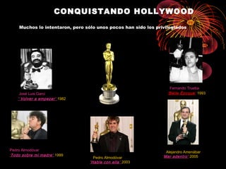 CONQUISTANDO HOLLYWOOD
Muchos lo intentaron, pero sólo unos pocos han sido los privilegiados

Fernando Trueba
‘Belle Époque’ 1993

José Luis Garci
‘ Volver a empezar’ 1982

Pedro Almodóvar
‘Todo sobre mi madre’ 1999

Pedro Almodóvar
‘Hable con ella’ 2003

Alejandro Amenábar
‘Mar adentro’ 2005

 