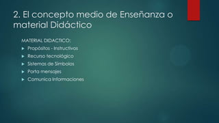 2. El concepto medio de Enseñanza o
material Didáctico
MATERIAL DIDACTICO:
 Propósitos - Instructivos
 Recurso tecnológico
 Sistemas de Símbolos
 Porta mensajes
 Comunica Informaciones
 