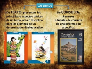 LOS LIBROS
De TEXTO: presentan los
principios o aspectos básicos
de un tema, área o disciplina
para los alumnos de un
determinado nivel educativo
De CONSULTA:
Recursos
o fuentes de consulta
de una información
específica.
 