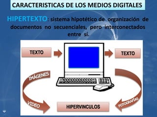 CARACTERISTICAS DE LOS MEDIOS DIGITALES
HIPERTEXTO: sistema hipotético de organización de
documentos no secuenciales, pero interconectados
entre sí.
 