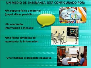 •Un soporte físico o material
(papel, disco, pantalla…)
•Un contenido,
información o mensaje
•Una forma simbólica de
representar la información
•Una finalidad o propósito educativo
 