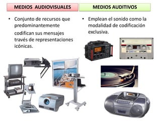 MEDIOS AUDIOVISUALES
• Conjunto de recursos que
predominantemente
codifican sus mensajes
través de representaciones
icónicas.
MEDIOS AUDITIVOS
• Emplean el sonido como la
modalidad de codificación
exclusiva.
 