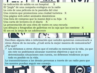 La indicación de salida en un hospital X
El “jingle” de una campaña ecológica en la radio
La cola de una película en la pantalla del cine
Una remera que promociona una ciudad turística X
Una página web sobre animales domésticos
Una lista de compras que la mamá dejó a su hija X
Una carta de lectores en el diario X
La presentación de una obra de teatro en una escuela
Los dibujos y fotografías de galletitas en la caja que las contiene X
El aro en la oreja de un adolescente
Escriban alguna idea o información que ustedes quisieran comunicarle a
otros chicos de la escuela. ¿Cuál sería la mejor manera de comunicarla?
¿Por qué?
 Les diríamos a otros chicos que el estudio es esencial en la vida, ya que
sin este no podríamos alcanzar nuestros objetivos y que si en
determinadas situaciones nos cuesta, no debemos rendirnos ya que
todo es posible en la vida.
Lo transmitiríamos a las demás personas a través de un radio para que
los oyentes puedan seguir ese consejo.
 