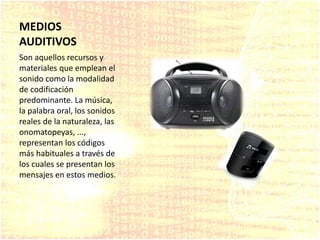 MEDIOS
AUDITIVOS
Son aquellos recursos y
materiales que emplean el
sonido como la modalidad
de codificación
predominante. La música,
la palabra oral, los sonidos
reales de la naturaleza, las
onomatopeyas, ...,
representan los códigos
más habituales a través de
los cuales se presentan los
mensajes en estos medios.
 