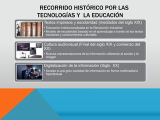 RECORRIDO HISTÓRICO POR LAS
TECNOLOGÍAS Y LA EDUCACIÓN
Textos impresos y escolaridad (mediados del siglo XIX)
• Educación institucionalizada en la Revolución Industrial
• Modelo de escolaridad basado en el aprendizaje a través de los textos
escolares y conocimientos culturales
Cultura audiovisual (Final del siglo XIX y comienzo del
XX)
• Nuevas representaciones de la información utilizando el sonido y la
imagen
Digitalización de la información (Siglo XX)
• Acceso a una gran cantidad de información en forma multimedial e
hipertextual
 
