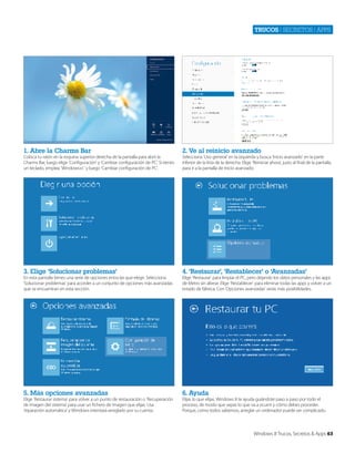 Trucos | secretos | apps

1. Abre la Charms Bar

2. Ve al reinicio avanzado

3. Elige ‘Solucionar problemas’

4. ‘Restaurar’, ‘Restablecer’ o ‘Avanzadas’

5. Más opciones avanzadas

6. Ayuda

Coloca tu ratón en la esquina superior derecha de la pantalla para abrir la
Charms Bar, luego elige ‘Configuración’ y ‘Cambiar configuración de PC’. Si tienes
un teclado, emplea ‘Windows+I ‘ y luego ‘Cambiar configuración de PC’.

En esta pantalla tienes una serie de opciones entra las que elegir. Selecciona
‘Solucionar problemas’ para acceder a un conjunto de opciones más avanzadas
que se encuentran en esta sección.

Elige ‘Restaurar sistema’ para volver a un punto de restauración o ‘Recuperación
de imagen del sistema’ para usar un fichero de imagen que elijas. Usa
‘reparación automática’ y Windows intentará arreglarlo por su cuenta.

Selecciona ‘Uso general’ en la izquierda y busca ‘Inicio avanzado’ en la parte
inferior de la lista de la derecha. Elige ‘Reiniciar ahora’, justo al final de la pantalla,
para ir a la pantalla de Inicio avanzado.

Elige ‘Restaurar’ para limpiar el PC, pero dejando los datos personales y las apps
de Metro sin alterar. Elige ‘Restablecer’ para eliminar todas las apps y volver a un
estado de fábrica. Con ‘Opciones avanzadas’ verás más posibilidades.

Elijas lo que elijas, Windows 8 te ayuda guiándote paso a paso por todo el
proceso, de modo que sepas lo que va a ocurrir y cómo debes proceder.
Porque, como todos sabemos, arreglar un ordenador puede ser complicado.

Windows 8 Trucos, Secretos & Apps 63

 