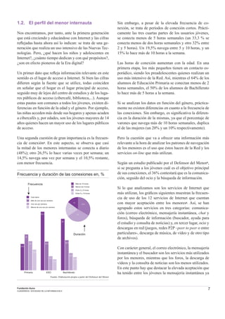 7Fundación Auna
CUADERNOS / SOCIEDAD DE LA INFORMACION 6
1.2. El perﬁl del menor internauta
Nos encontramos, por tanto, ante la primera generación
que está creciendo y educándose con Internet y las cifras
reﬂejadas hasta ahora así lo indican: se trata de una ge-
neración que realiza un uso intensivo de las Nuevas Tec-
nologías. Pero, ¿qué hacen los niños y adolescentes en
Internet?, ¿cuánto tiempo dedican y con qué propósitos?,
¿son en efecto pioneros de la Era digital?
Un primer dato que reﬂeja información relevante en este
sentido es el lugar de acceso a Internet. Si bien las cifras
diﬁeren según la fuente que se utilice, todas coinciden
en señalar que el hogar es el lugar principal de acceso,
seguido muy de lejos del centro de estudios y de los luga-
res públicos de acceso (cibercafé, biblioteca,...). Aunque
estas pautas son comunes a todos los jóvenes, existen di-
ferencias en función de la edad y el género. Por ejemplo,
las niñas acceden más desde sus hogares y apenas acuden
a cibercafés y, por edades, son los jóvenes mayores de 14
años quienes hacen un mayor uso de los lugares públicos
de acceso.
Una segunda cuestión de gran importancia es la frecuen-
cia de conexión4. En este aspecto, se observa que casi
la mitad de los menores internautas se conecta a diario
(48%); otro 26,5% lo hace varias veces por semana; un
14,5% navega una vez por semana y el 10,5% restante,
con menor frecuencia.
Frecuencia y duración de las conexiones en, %
Frecuencia
Casi diario
Una vez por semana
Más de una vez por semana
Menos de una vez por semana
BachilleratoESOPrimaria
23,5
32
26
18,5
52,3
25,5
12,5
9,8
46
26,9
15,4
11,8
Duración
Más de 10 horas
Entre 2 y 5 horas
Menos de 2 horas
Entre 5 y 10 horas
33,5
33
19,5
15
Fuente: Elaboración propia a partir del Defensor del Menor
Sin embargo, a pesar de la elevada frecuencia de co-
nexión, se trata de períodos de conexión cortos. Prácti-
camente las tres cuartas partes de los usuarios jóvenes,
se conecta menos de 5 horas semanales (un 33,3 % se
conecta menos de dos horas semanales y otro 32% entre
2 y 5 horas). Un 19,5% navega entre 5 y 10 horas, y un
15% lo hace más de 10 horas a la semana.
Las horas de conexión aumentan con la edad. En una
primera etapa, los más pequeños tienen un contacto es-
porádico, siendo los preadolescentes quienes realizan un
uso más intensivo de la Red. Así, mientras el 64% de los
alumnos de Educación Primaria se conectan menos de 2
horas semanales, el 50% de los alumnos de Bachillerato
lo hace más de 5 horas a la semana.
Si se analizan los datos en función del género, práctica-
mente no existen diferencias en cuanto a la frecuencia de
las conexiones. Sin embargo, es signiﬁcativa la diferen-
cia en la duración de la mismas, ya que el porcentaje de
varones que navega más de 10 horas semanales, duplica
al de las mujeres (un 20% y un 10% respectivamente).
Pero la cuestión que va a ofrecer una información más
relevante a la hora de analizar los patrones de navegación
de los menores es el uso que éstos hacen de la Red y los
servicios on-line que más utilizan.
Según un estudio publicado por el Defensor del Menor5,
si se pregunta a los jóvenes cuál es el objetivo principal
de sus conexiones, el 36% contestará que es la comunica-
ción, seguido del ocio y la búsqueda de información.
Si lo que analizamos son los servicios de Internet que
más utilizan, los gráﬁcos siguientes muestran la frecuen-
cia de uso de los 12 servicios de Internet que cuentan
con mayor aceptación entre los menores6. Así, se han
agrupado estos servicios en tres categorías: comunica-
ción (correo electrónico, mensajería instantánea, chat y
foros), búsqueda de información (buscador, ayuda para
el estudio y consulta de noticias) y, en tercer lugar, ocio y
descargas en red (juegos, redes P2P –peer to peer o entre
particulares-, descarga de música, de vídeo y de otro tipo
de archivos).
Con carácter general, el correo electrónico, la mensajería
instantánea y el buscador son los servicios más utilizados
por los menores, mientras que los foros, la descarga de
vídeos y la consulta de noticias son los menos utilizados.
En este punto hay que destacar la elevada aceptación que
ha tenido entre los jóvenes la mensajería instantánea ya
 
