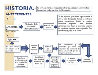 "Si los impulsos que tienen lugar durante el
día no son demasiado fuertes y poderosos
pasan inadvertidos debido a impulsos
altamente despiertos. Pero mientras
dormimos tiene lugar lo contrario, entonces
los pequeños impulsos parecen grandes. Esto
aclara lo que pasa en el sueño”.
ARISTÓTEL
ES
Hace 2.250 años.
Umbrales de la
conciencia.
“Parva Naturalia”
Afectar los
sueños
2.
Siglo XIX
Era difícil valorar
los efectos de la
publicidad.
Televisión
Radio
Periódico
s
Revistas
Medición
de
Audiencia
La competencia y la
necesidad que tienen las
empresas de publicidad de
tener una medida precisa y
mayores ganancias.
Se
crearon por
alternativas
Mensajes
Subliminales
Su termino
se popularizo
en 1957.
En un libro
titulado
“The hidden
persuaders”
de Packard.
En 1073, el
libro “Sublimal
Seduction” de
Bryan Key.
Estos libros
proclamaron una
gran variedad de
técnicas
subliminales.
3.
La primera mención registrada sobre la percepción subliminal es
la realizada en los escritos de Demócrito.
1.
 