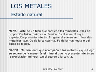 LOS METALES FVG,0304. Rev 0607 MENA: Parte de un filón que contiene los minerales útiles en proporción física, química o térmica. Es el mineral cuya explotación presenta interés. En general suelen ser minerales metálicos, p.e, Cu de la calcopirita, Fe de la magnetita o del óxido de hierro. GANGA: Materia inútil que acompaña a los metales y que luego se separa de la mena. Es el mineral que no presenta interés en la explotación minera, p.e el cuarzo y la calcita. Estado natural  