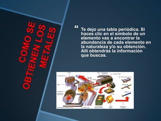    Te dejo una tabla periódica. Si
    haces clic en el símbolo de un
    elemento vas a encontrar la
    abundancia de cada elemento en
    la naturaleza y/o su obtención.
    Allí obtendrás la información
    que buscas.
 