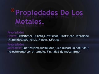 * Propiedades De Los
     Metales.
Propiedades
Fisicas:Resisitenca,Dureza,Elastisidad,Plasticidad,Tenasidad
,Fragilidad.Resiliencia,Fluencia,Fatiga.
Propiedades
Mecanicas:Ductibilidad,Fusibilidad,Colabilidad,Soldabilida,E
ndrecimiento por el temple, Facilidad de mecanismo.
 