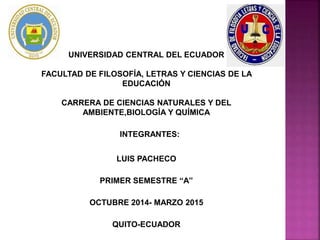 UNIVERSIDAD CENTRAL DEL ECUADOR
FACULTAD DE FILOSOFÍA, LETRAS Y CIENCIAS DE LA
EDUCACIÓN
CARRERA DE CIENCIAS NATURALES Y DEL
AMBIENTE,BIOLOGÍA Y QUÍMICA
INTEGRANTES:
LUIS PACHECO
PRIMER SEMESTRE “A”
OCTUBRE 2014- MARZO 2015
QUITO-ECUADOR
 