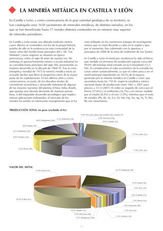 15
En Castilla y León existe una dilatada tradición minera
cuyos albores se confunden con los de la propia historia,
prueba de ello es la existencia en esta comunidad de la
mayor mina del mundo hasta principios del s. XX, Las
Médulas, cuyos orígenes se situarían en época
prerromana, sobre el siglo III antes de nuestra era. Sin
embargo el aprovechamiento minero a escala industrial no
se consolida hasta principios del siglo XIX, presentando su
máximo desarrollo en la década de 1960-70. Tras la crisis
energética mundial de 1973 la minería metálica inició un
acusado declive que llevó al progresivo cierre de la mayor
parte de las explotaciones. En los últimos años y como
consecuencia, en parte, de los elevados niveles de
crecimiento económico y desarrollo industrial de algunas
de las mayores naciones del planeta (China, India, Brasil),
que apareja una elevada demanda de materias primas
base, o del imparable desarrollo tecnológico que implica
nuevas aplicaciones industriales, el mercado de los
metales ha sufrido un interesante resurgimiento que se ha
LA MINERÍA METÁLICA EN CASTILLA Y LEÓN
En Castilla y León, y como consecuencia de la gran variedad geológica de su territorio, se
han catalogado unos 1650 yacimientos de minerales metálicos, de distintos tamaños, en los
que se han beneficiado hasta 17 metales distintos contenidos en un número muy superior
de minerales portadores.
visto reflejado en los numerosos trabajos de investigación
minera que se están llevando a cabo en la región y que,
por el momento, han culminado con la apertura a
principios de 2008 de la mina de wolframio de Los Santos.
En Castilla y León el metal por excelencia ha sido el hierro,
que medido en términos de producción supone cerca del
99,0% del tonelaje total extraído en la Comunidad (12,3
Mt). Si consideramos el valor económico de lo extraído las
cosas varían sustancialmente, ya que el cobre pasa a ser el
metal principal suponiendo un 30,5% de la riqueza
generada por la minería metálica en Castilla y León, que
ascendería hasta los 750 M según la estadística minera
nacional (datos de producción entre 1861 y 2007 para
precios a 31-12-2007). El cobre es seguido de cerca por el
hierro (27,0%) y el wolframio (16,7%) y en menor medida
por el estaño (8,3%) o el cinc (7,0%), mientras que el resto
de metales (Pb, Sb, As, Co, Ni, Mn, Hg, Au, Ag, Ta, Ti, Mo,
Bi) son minoritarios.
PRODUCCIÓN TOTAL en peso (excluido el Fe)
VALOR DEL METAL
8,0% Estaño (Sn)
8,1% Wolframio (W)
8,4% Arsénico (As)
9,5% Plomo (Pb)
17,9% Zinc (Zn)
37,7% Cobre (Cu)
0,4% Cobalto (Co)
0,4% Mercurio (Hg)
0,9% Oro (Au), plata (Ag), tantalio (Ta) y titanio (Ti)
2,1% Antimonio (Sb)
6,6% Manganeso (Mn)
8,3% Estaño (Sn)
16,7% Wolframio (W)
1,2% Oro (Au)
7,0% Zinc (Zn)
30,5% Cobre (Cu)
1,5% Plomo (Co)
0,7% Mercurio (Hg)
1,3% Antimonio (Sb)
1,1% Manganeso (Mn)
27,0% Hierro (Fe)
3,0% Cobalto (Co)
0,5% Tantalio (Ta)
1,1% Arsénico (As)
 