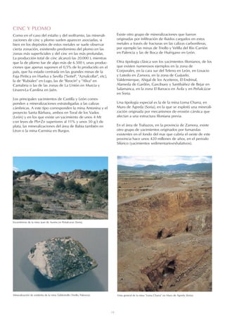 19
CINC Y PLOMO
Como en el caso del estaño y del wolframio, las minerali-
zaciones de cinc y plomo suelen aparecer asociadas, si
bien en los depósitos de estos metales se suele observar
cierta zonación, existiendo predominio del plomo en las
zonas más superficiales y del cinc en las más profundas.
La producción total de cinc alcanzó las 20.000 t, mientras
que la de plomo fue de algo más de 6.500 t, unas produc-
ciones que apenas suponen el 0,5% de lo producido en el
país, que ha estado centrada en las grandes minas de la
Faja Pirítica en Huelva y Sevilla (Sotiel, Aznalcollar, etc),
la de Rubiales en Lugo, las de Reocín y Aliva en
Cantabria o las de las zonas de La Unión en Murcia y
Linares-La Carolina en Jaén.
Los principales yacimientos de Castilla y León corres-
ponden a mineralizaciones estratoligadas a las calizas
cámbricas. A este tipo corresponden la mina Antonina y el
proyecto Santa Bárbara, ambos en Toral de los Vados
(León) y en los que existe un yacimiento de unos 4 Mt
con leyes de Pb+Zn superiores al 11% y unos 50 g/t de
plata, las mineralizaciones del área de Babia también en
Léon o la mina Carmina en Burgos.
Vista general de la mina “Loma Charra” en Muro de Ágreda (Soria).
Existe otro grupo de mineralizaciones que fueron
originadas por infiltración de fluidos cargados en estos
metales a través de fracturas en las calizas carboníferas,
por ejemplo las minas de Triollo y Velilla del Río Carrión
en Palencia y las de Boca de Huérgano en León.
Otra tipología clásica son los yacimientos filonianos, de los
que existen numerosos ejemplos en la zona de
Corporales, en la cara sur del Teleno en León, en Losacio
y Latedo en Zamora, en la zona de Guijuelo,
Valdemierque, Ahigal de los Aceiteros, El Endrinal,
Alameda de Gardón, Garcibuey y Santibáñez de Bejar en
Salamanca, en la zona El Barraco en Ávila y en Peñalcázar
en Soria.
Una tipología especial es la de la mina Loma Charra, en
Muro de Ágreda (Soria), en la que se explotó una minerali-
zación originada por mecanismos de erosión cárstica que
afectan a una estructura filoniana previa.
En el área de Trabazos, en la provincia de Zamora, existe
otro grupo de yacimientos originados por fumarolas
existentes en el fondo del mar que cubría el oeste de este
provincia hace unos 420 millones de años, en el periodo
Silúrico (yacimientos sedimentario-exhalativos).
Escombreras de la mina Juan de Austria en Peñalcazar (Soria).
Mineralización de esfalerita de la mina Valdetriollo (Triollo, Palencia).
 