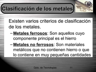 Dpto. de Tecnologías 11
Tipos de metalesTipos de metales
• Existen varios criterios de clasificación
de los metales.
– Metales ferrosos: Son aquellos cuyo
componente principal es el hierro
– Metales no ferrosos: Son materiales
metálicos que no contienen hierro o que
lo contiene en muy pequeñas cantidades
Clasificación de los metalesClasificación de los metales
 
