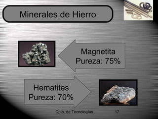 Dpto. de Tecnologías 17
Minerales de Hierro
Hematites
Pureza: 70%
Magnetita
Pureza: 75%
 