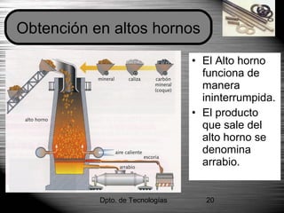 Dpto. de Tecnologías 20
Obtención en altos hornos
• El Alto horno
funciona de
manera
ininterrumpida.
• El producto
que sale del
alto horno se
denomina
arrabio.
 