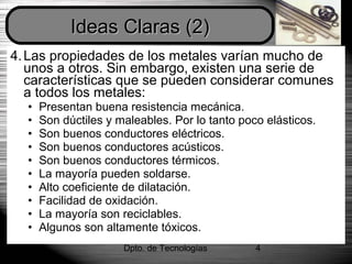 Dpto. de Tecnologías 4
4.Las propiedades de los metales varían mucho de
unos a otros. Sin embargo, existen una serie de
características que se pueden considerar comunes
a todos los metales:
• Presentan buena resistencia mecánica.
• Son dúctiles y maleables. Por lo tanto poco elásticos.
• Son buenos conductores eléctricos.
• Son buenos conductores acústicos.
• Son buenos conductores térmicos.
• La mayoría pueden soldarse.
• Alto coeficiente de dilatación.
• Facilidad de oxidación.
• La mayoría son reciclables.
• Algunos son altamente tóxicos.
Ideas Claras (2)Ideas Claras (2)
 