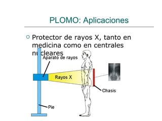 PLOMO: Aplicaciones Protector de rayos X, tanto en medicina como en centrales nucleares 