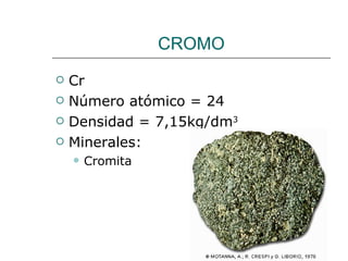 CROMO Cr Número atómico = 24 Densidad = 7,15kg/dm 3 Minerales: Cromita 
