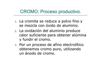 CROMO: Proceso productivo. La cromita se reduce a polvo fino y se mezcla con óxido de aluminio. La oxidación del aluminio produce calor suficiente para obtener alúmina y fundir el cromo. Por un proceso de afino electrolítico obtenemos cromo puro, utilizando un ánodo de cromo. 