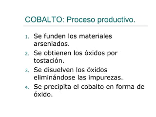 COBALTO: Proceso productivo. Se funden los materiales arseniados. Se obtienen los óxidos por tostación. Se disuelven los óxidos eliminándose las impurezas. Se precipita el cobalto en forma de óxido. 