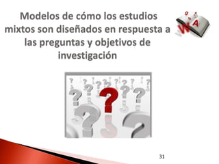 Modelos de cómo los estudios
mixtos son diseñados en respuesta a
    las preguntas y objetivos de
            investigación




                                31
 