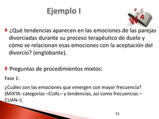 Ejemplo I

 ¿Qué tendencias aparecen en las emociones de las parejas
  divorciadas durante su proceso terapéutico de duelo y
  cómo se relacionan esas emociones con la aceptación del
  divorcio? (englobante).

 Preguntas de procedimientos mixtos:
Fase 1:
¿Cuáles son las emociones que emergen con mayor frecuencia?
(MIXTA: categorías –CUAL– y tendencias, así como frecuencias –
CUAN–).

                                                  51
 