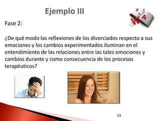 Ejemplo III
Fase 2:

¿De qué modo las reflexiones de los divorciados respecto a sus
emociones y los cambios experimentados iluminan en el
entendimiento de las relaciones entre las tales emociones y
cambios durante y como consecuencia de los procesos
terapéuticos?




                                               53
 