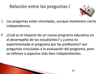 Relación entre las preguntas I

1. Las preguntas están vinculadas, aunque mantienen cierta
   independencia.

 ¿Cuál es el impacto de un nuevo programa educativo en
  el desempeño de los estudiantes? y ¿cómo es
  experimentado el programa por los profesores? son
  preguntas vinculadas a la evaluación del programa, pero
  se refieren a aspectos más bien independientes.



                                           54
 