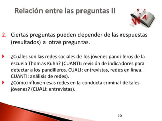 Relación entre las preguntas II

2. Ciertas preguntas pueden depender de las respuestas
   (resultados) a otras preguntas.

   ¿Cuáles son las redes sociales de los jóvenes pandilleros de la
    escuela Thomas Kuhn? (CUANTI: revisión de indicadores para
    detectar a los pandilleros. CUALI: entrevistas, redes en línea.
    CUANTI: análisis de redes).
   ¿Cómo influyen esas redes en la conducta criminal de tales
    jóvenes? (CUALI: entrevistas).



                                                      55
 