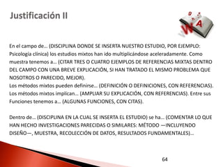 Justificación II

En el campo de… (DISCIPLINA DONDE SE INSERTA NUESTRO ESTUDIO, POR EJEMPLO:
Psicología clínica) los estudios mixtos han ido multiplicándose aceleradamente. Como
muestra tenemos a… (CITAR TRES O CUATRO EJEMPLOS DE REFERENCIAS MIXTAS DENTRO
DEL CAMPO CON UNA BREVE EXPLICACIÓN, SI HAN TRATADO EL MISMO PROBLEMA QUE
NOSOTROS O PARECIDO, MEJOR).
Los métodos mixtos pueden definirse… (DEFINICIÓN O DEFINICIONES, CON REFERENCIAS).
Los métodos mixtos implican… (AMPLIAR SU EXPLICACIÓN, CON REFERENCIAS). Entre sus
Funciones tenemos a… (ALGUNAS FUNCIONES, CON CITAS).

Dentro de… (DISCIPLINA EN LA CUAL SE INSERTA EL ESTUDIO) se ha… (COMENTAR LO QUE
HAN HECHO INVESTIGACIONES PARECIDAS O SIMILARES: MÉTODO —INCLUYENDO
DISEÑO—, MUESTRA, RECOLECCIÓN DE DATOS, RESULTADOS FUNDAMENTALES)…



                                                              64
 