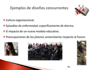 Ejemplos de diseños concurrentes

 Cultura organizacional.
 Episodios de enfermedad, específicamente de diarrea.
 El impacto de un nuevo modelo educativo.
 Preocupaciones de los jóvenes universitarios respecto al futuro.




                                                   83
 