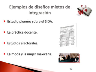 Ejemplos de diseños mixtos de
            integración
 Estudio pionero sobre el SIDA.

 La práctica docente.

 Estudios electorales.

 La moda y la mujer mexicana.


                                   92
 