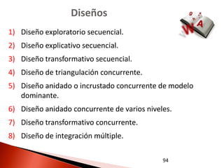 Diseños
1) Diseño exploratorio secuencial.
2) Diseño explicativo secuencial.
3) Diseño transformativo secuencial.
4) Diseño de triangulación concurrente.
5) Diseño anidado o incrustado concurrente de modelo
   dominante.
6) Diseño anidado concurrente de varios niveles.
7) Diseño transformativo concurrente.
8) Diseño de integración múltiple.

                                             94
 