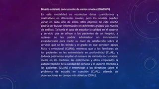 Diseño anidado concurrente de varios niveles (DIACNIV)
En esta modalidad se recolectan datos cuantitativos y
cualitativos en diferentes niveles, pero los análisis pueden
variar en cada uno de éstos. Otro objetivo de este diseño
podría ser buscar información en diferentes grupos y/o niveles
de análisis. Tal sería el caso de estudiar la calidad en el soporte
y servicio que se ofrece a los pacientes de un hospital, a
quienes se les podría administrar un instrumento
estandarizado para medir su nivel de satisfacción sobre el
servicio que se les brinda y el grado en que perciben apoyo
físico y emocional (CUAN); mientras que a los familiares de
los pacientes se les entrevistaría en profundidad (CUAL); y
todavía podríamos ampliar el número de métodos incrustados:
medir en los médicos, las enfermeras y otros empleados la
autopercepción de la calidad del servicio y el soporte ofrecido a
los pacientes (CUAN) y entrevistar a los directivos sobre el
problema de estudio en cuestión (CUAL), además de
observaciones en campo más abiertas (CUAL).
 