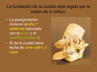 La fundación de la ciudad está regida por el
orden de lo mítico.
• La peregrinación
inicia en el año 1
pedernal (asociado
con el norte y el
sacrifico humano)
• El de la ciudad tiene
fecha de ome-calli o 2
casa
 