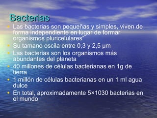 Bacterias
• Las bacterias son pequeñas y simples, viven de
    forma independiente en lugar de formar
    organismos pluricelulares”
•   Su tamano oscila entre 0,3 y 2,5 μm
•   Las bacterias son los organismos más
    abundantes del planeta
•   40 millones de células bacterianas en 1g de
    tierra
•   1 millón de células bacterianas en un 1 ml agua
    dulce
•   En total, aproximadamente 5×1030 bacterias en
    el mundo
 